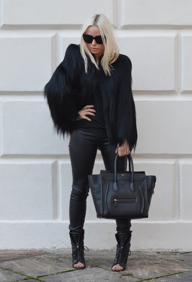 All Black Outfit Idea with a Fur Coat