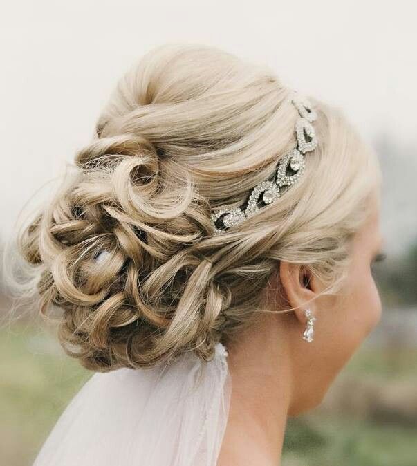 Beautiful Wedding Updo With Crystal Headband and Veil