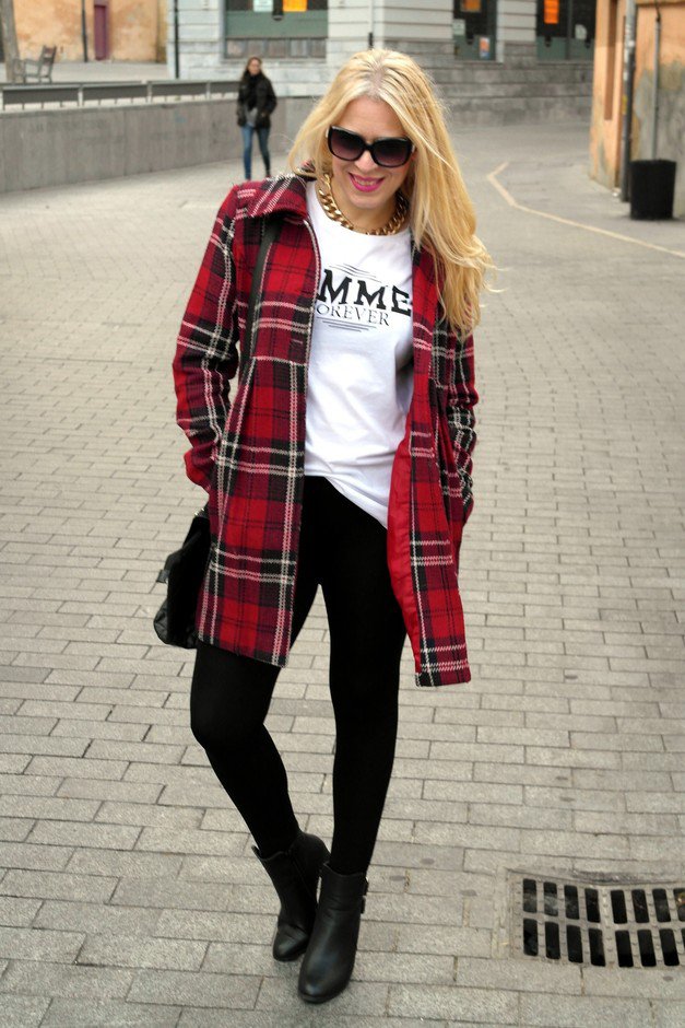 Red Tartan Coat Outfit Idea