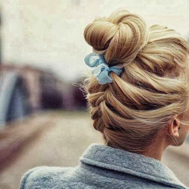 Braided Bun with a Blue Ribbon