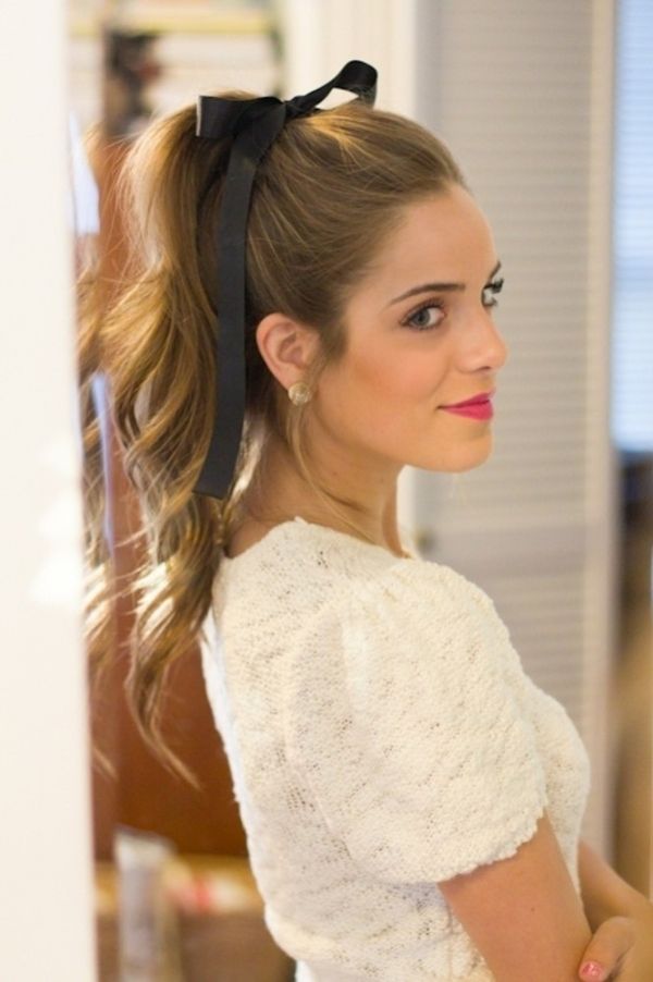 High Ponytail with a Black Ribbon