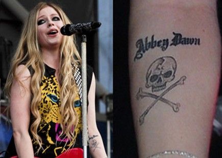 Avril Lavigne tattoos – sinister skull and crossbones tattoo