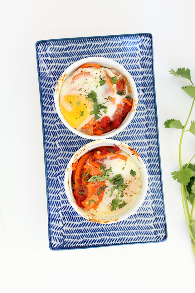 Baked Spanish Egg and Sweet Potato Noodle Bowl