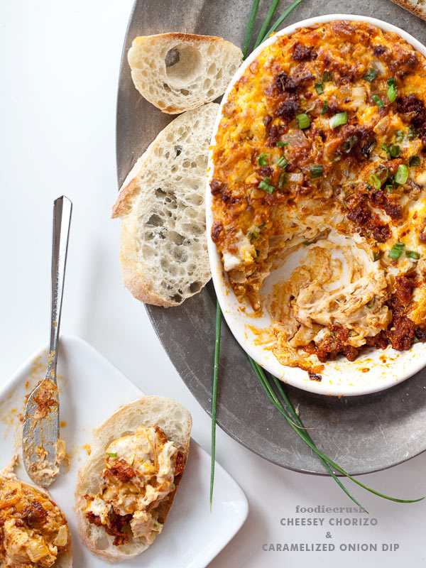 Cheesy Chorizo Caramelized Onion Dip