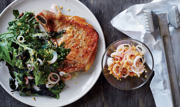 Flattened Pork Chops with Greens and Mustard Pan Sauce