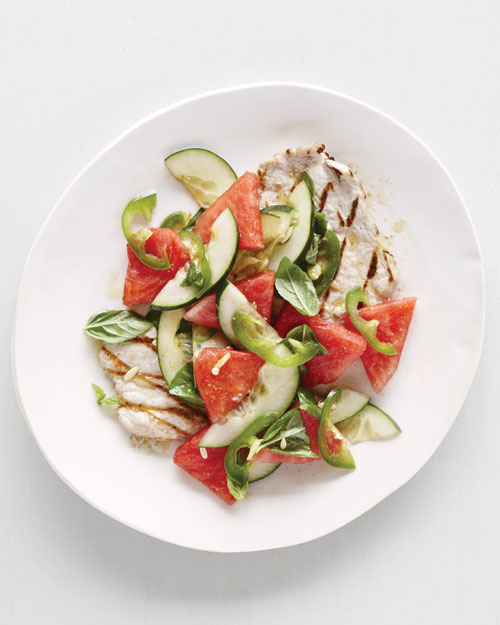 Grilled Pork Cutlets Watermelon Cucumber Salad