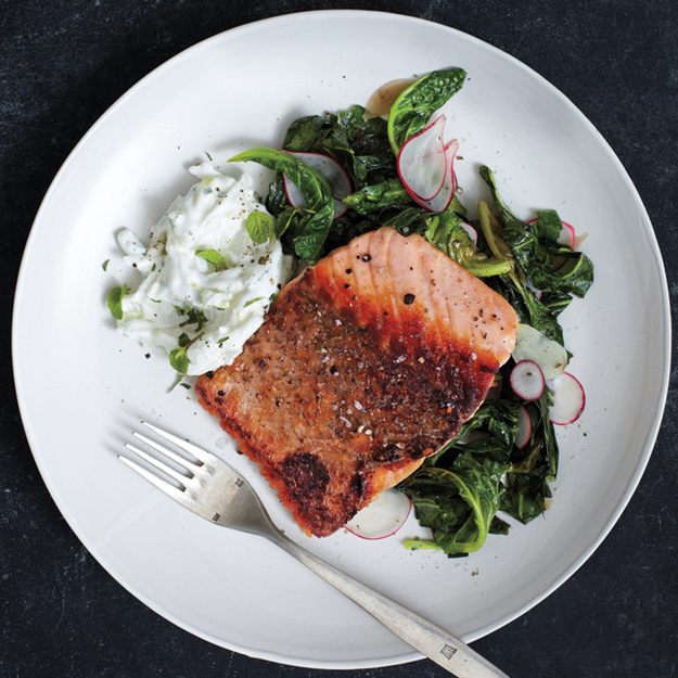 Pan Roasted Salmon with Collards and Radish Raita