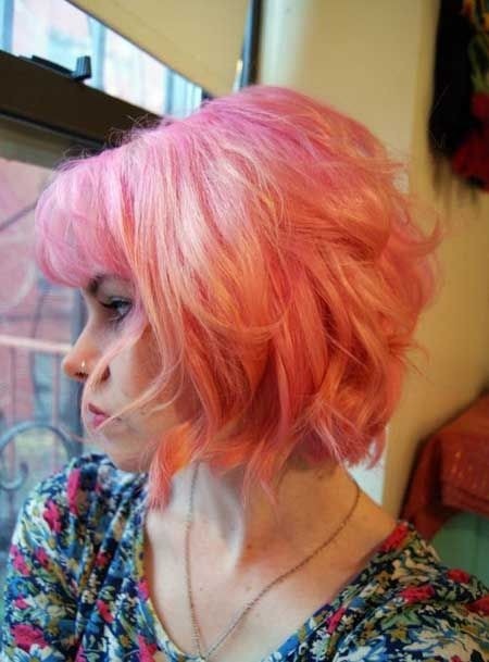 Pink Colored Bob Hairstyle for Short Curly Hair