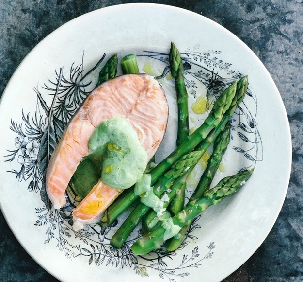 Poached Arctic Char with Asparagus Basil Tarragon Mayonnaise