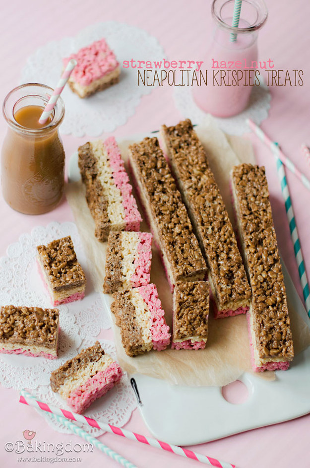 Strawberry Hazelnut Neapolitan Krispies Treats