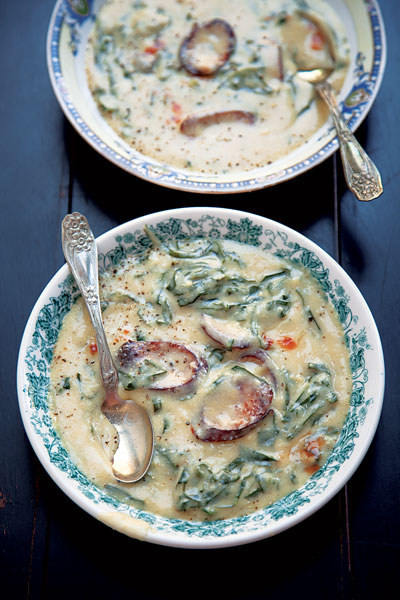 Collard Greens, Sausage, and Cornmeal Soup