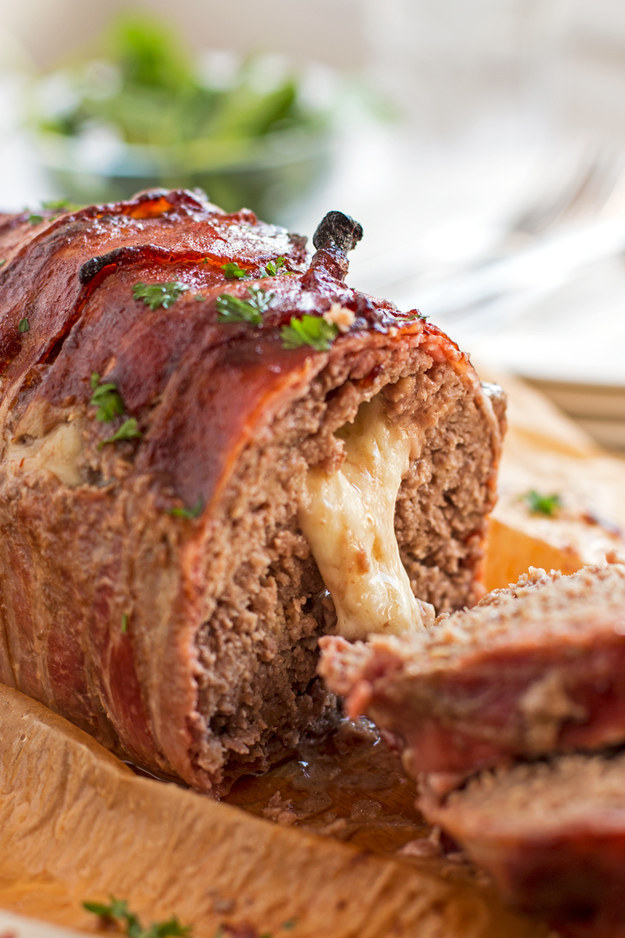 Mozzarella Stuffed Bacon Wrapped Meatloaf