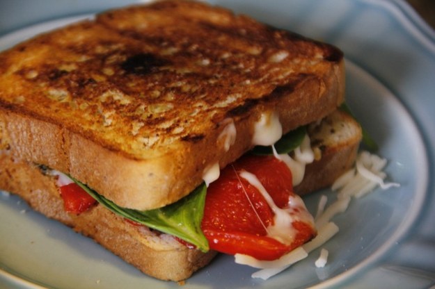 Roasted Red Pepper, Pesto, and Spinach Grilled Cheese