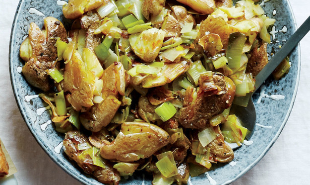 Smashed Twice-cooked Potatoes with Leeks and Green Garlic