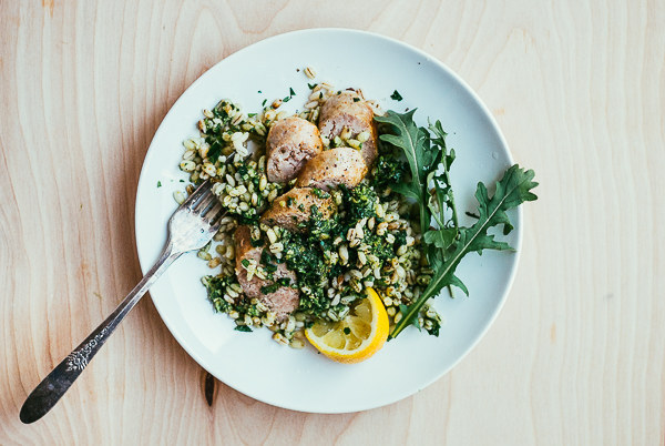 Toasted Barley with Arugula Pesto and Sausage Coins