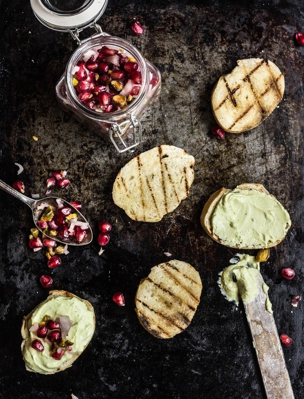 Avocado and Whipped Feta Toasts with Pomegranate Relish