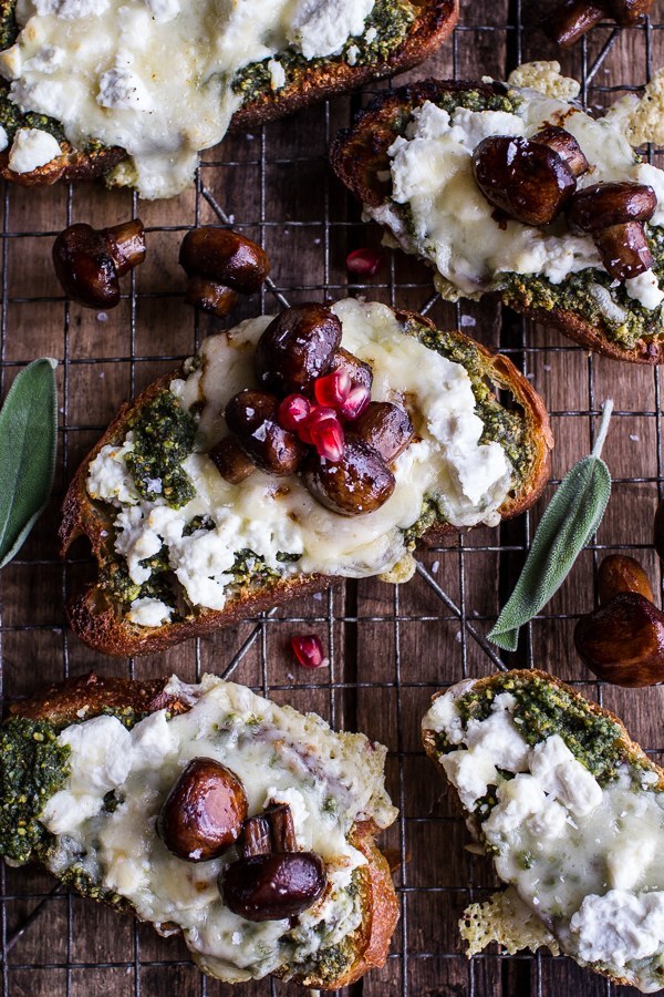 Buttered Mushroom Sage Pesto Goat Cheese Toasts