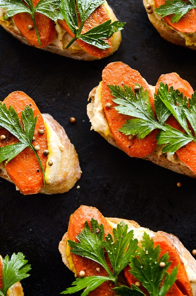 Curried Carrot and Lemony Hummus Crostini