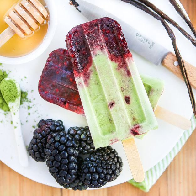 Roasted Blackberry Matcha Popsicles