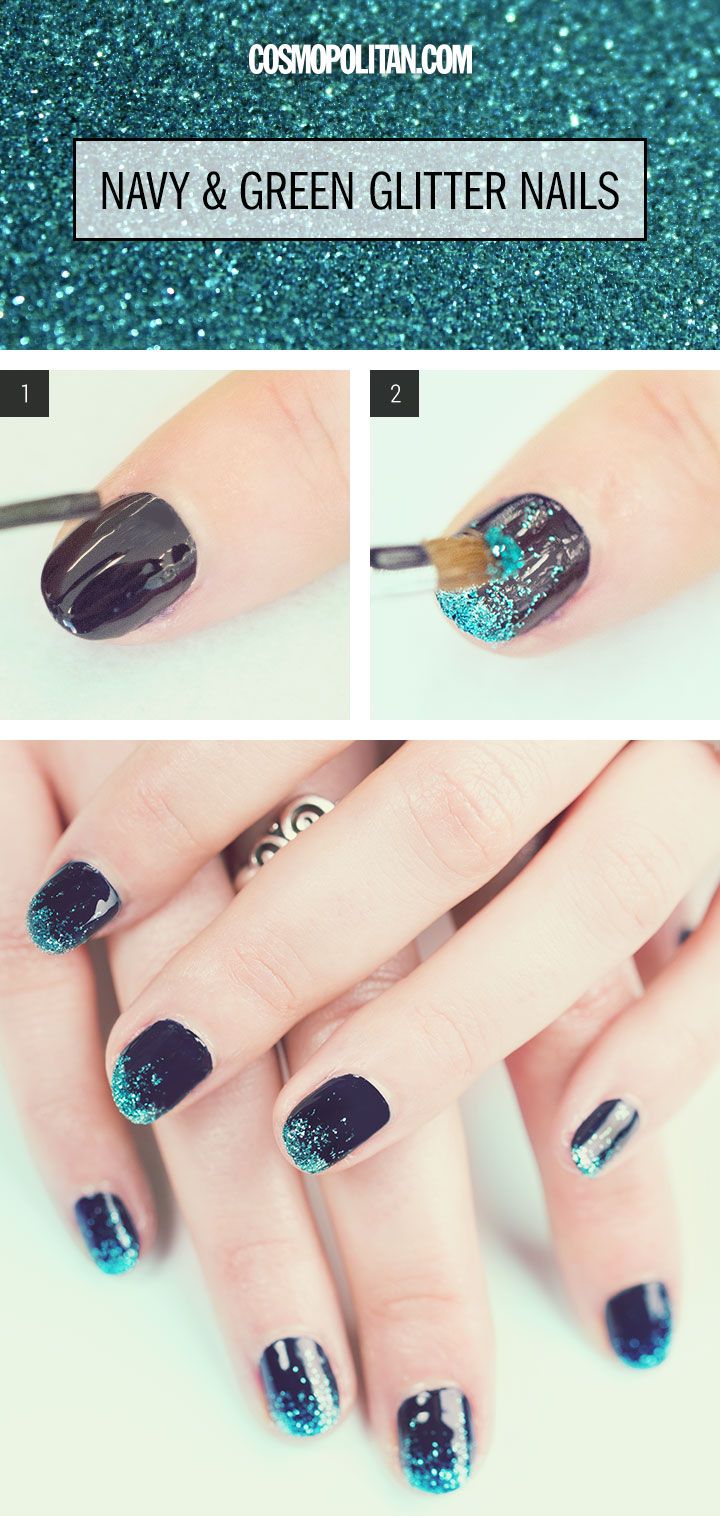 Navy Green Glitter Nails