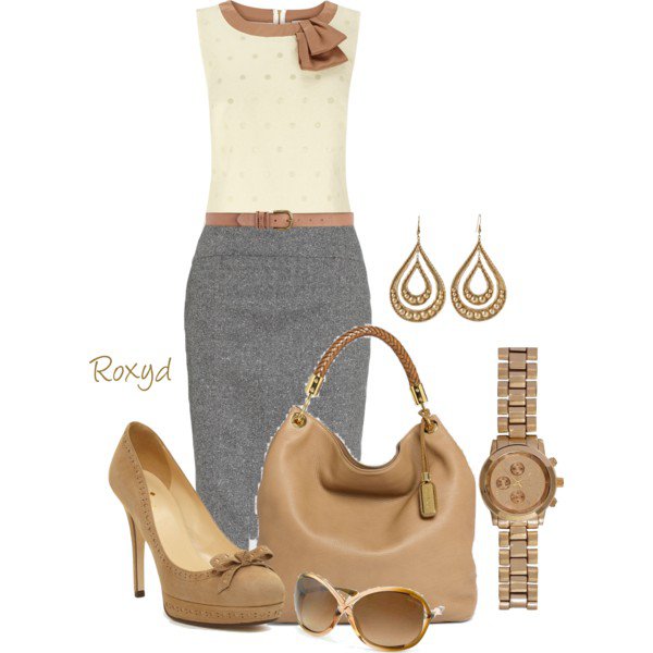 Beige Top with Grey Pencil Skirt