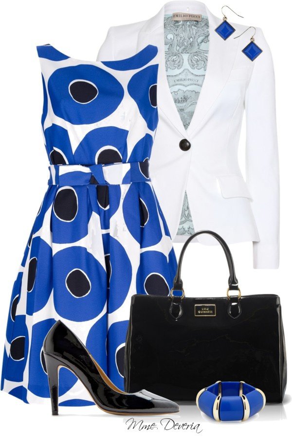 Blue Print Dress and White Blazer