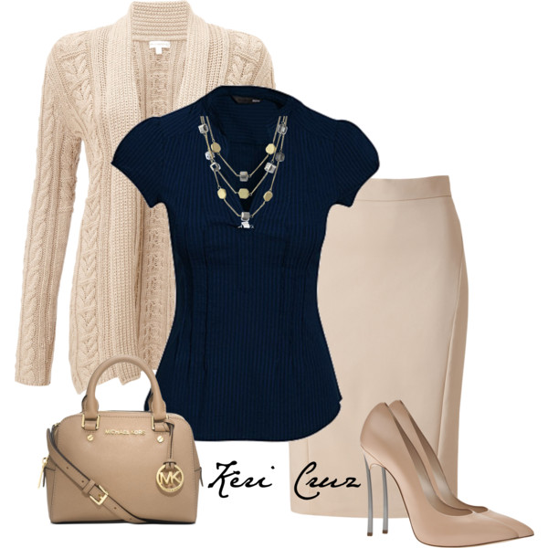 Blue Top with Beige Cardigan and Pencil Skirt