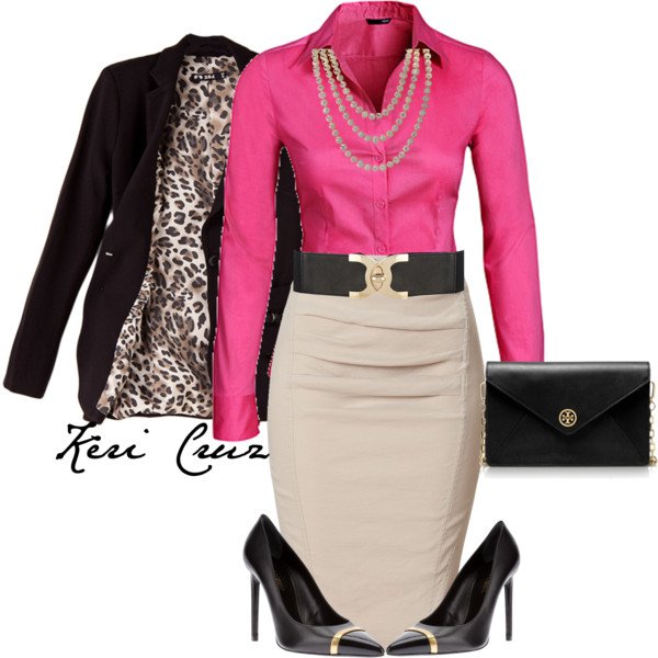 Pretty Pink Shirt and Beige Pencil Skirt