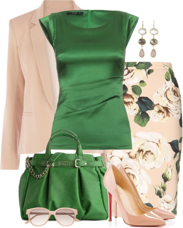 Green Top and Floral Print Pencil Skirt