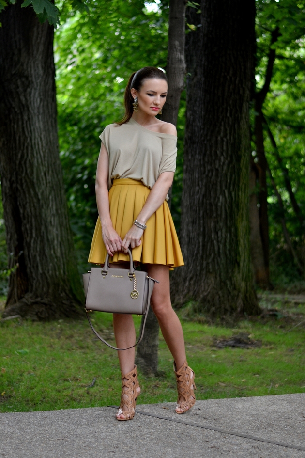 Nude Shirt with Mustard Skirt