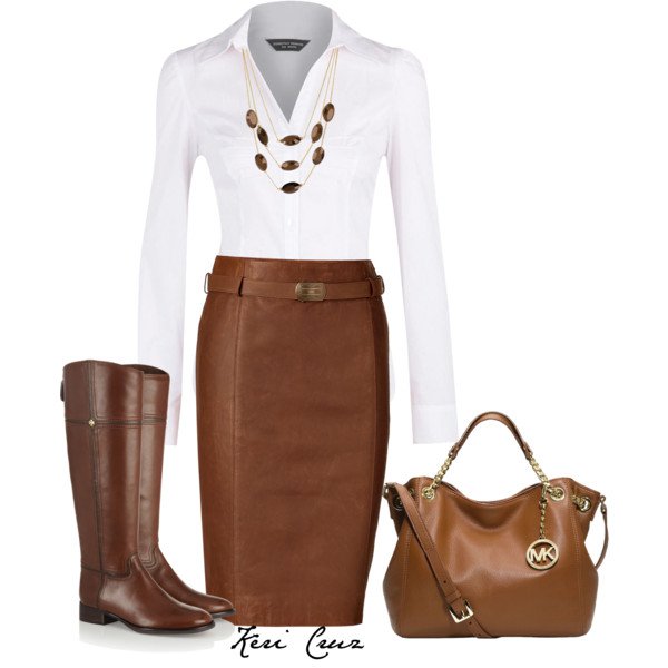 White Shirt and Brown Leather Skirt