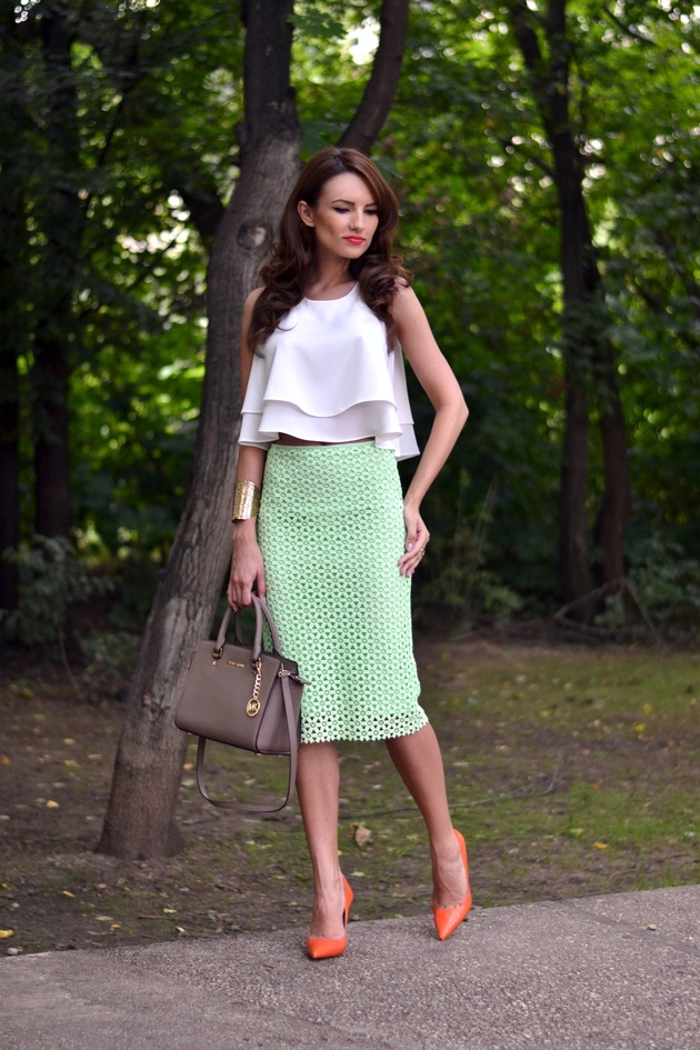 White Top with Green Pencil Skirt