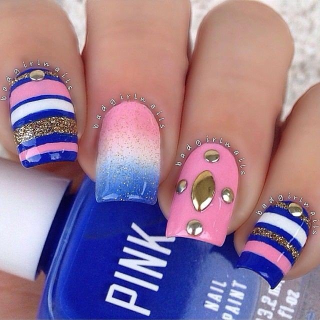 Pink and Blue Nail Art Design