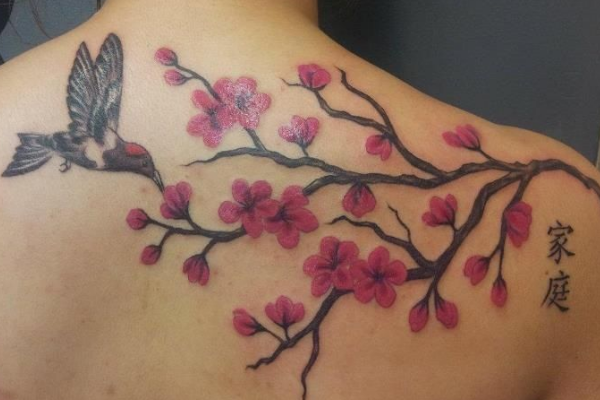 Bird and Cherry Blossom Tattoo