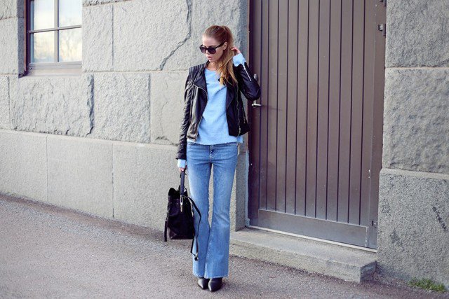 Black Leather Jacket with Flared Jeans