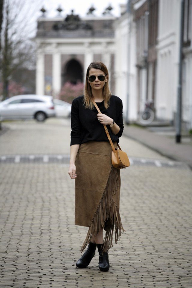 Black Top with Suede Skirt