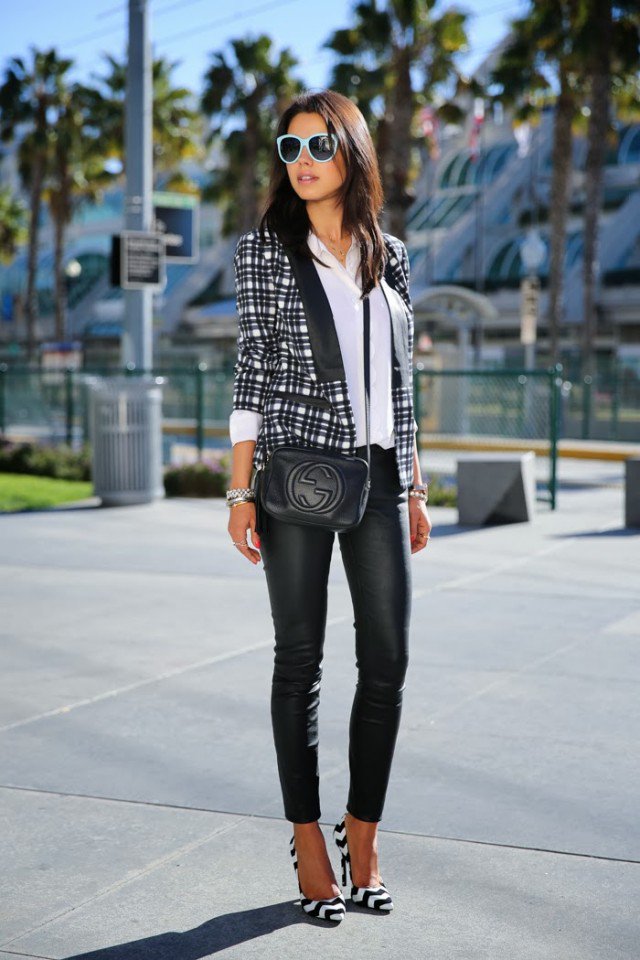 Checked Blazer with Leather Pants