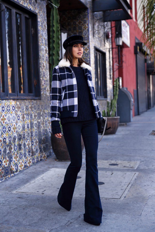 Checkered Blazer with Flared Jeans