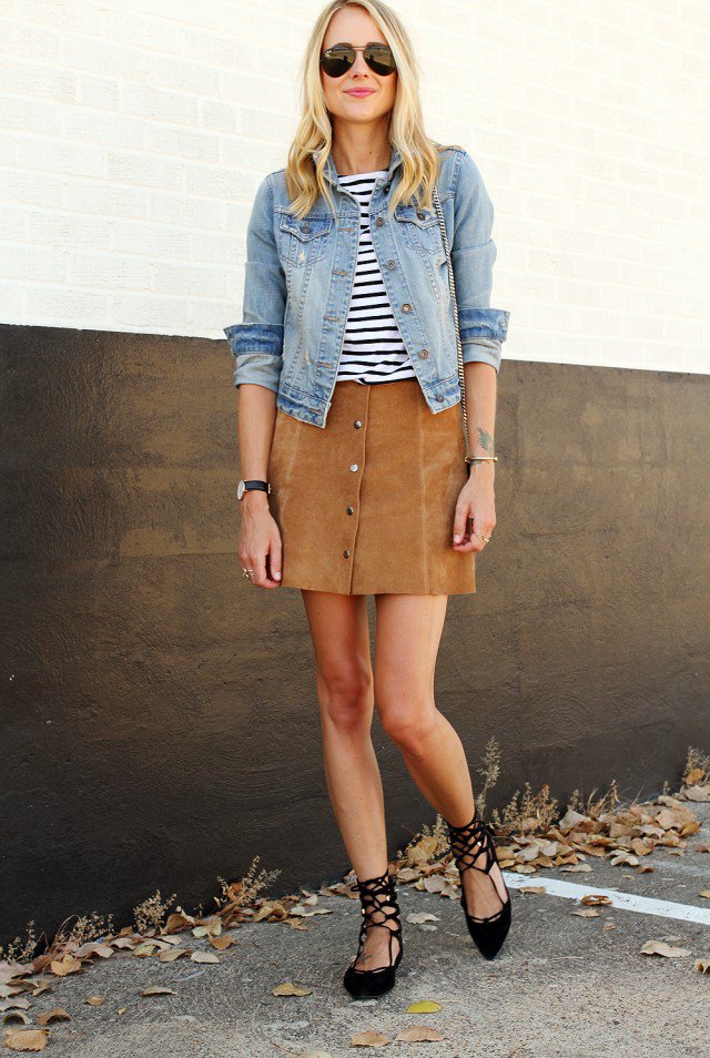 Denim Jacket with Suede Button Down Skirt