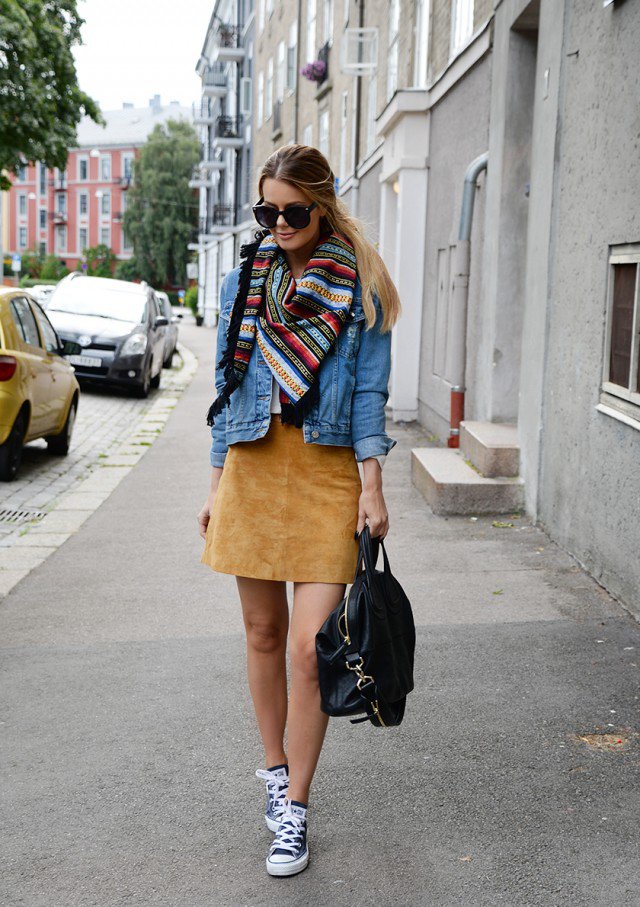 Denim Jacket with Suede Skirt