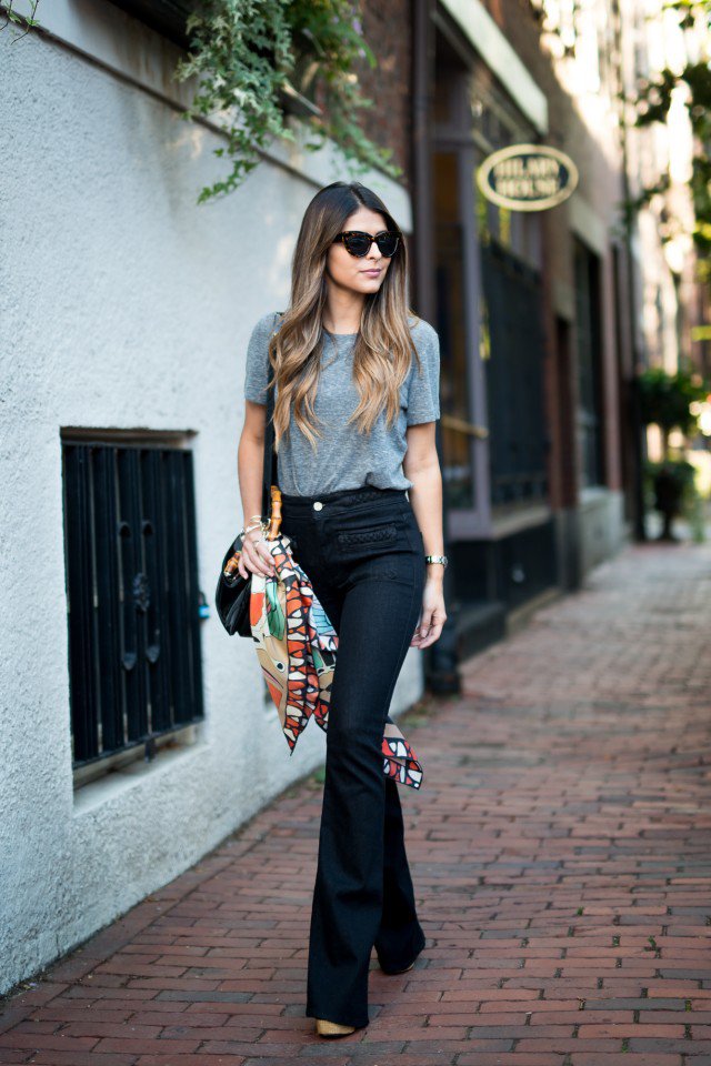 Grey Top with Flared Jeans