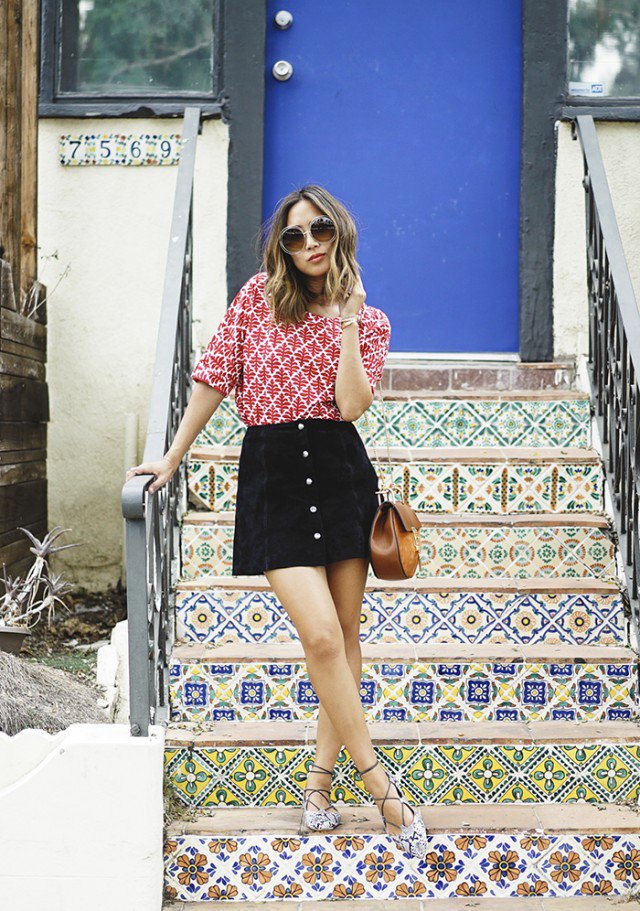 Print Shirt with Suede Button Down Skirt