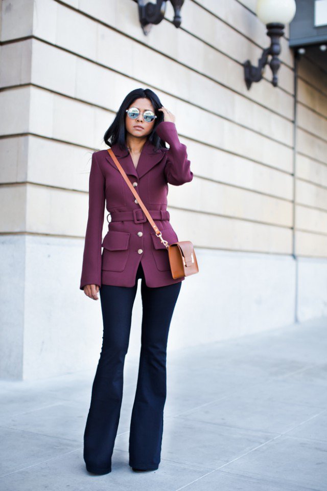 Purple Coat with Flared Jeans