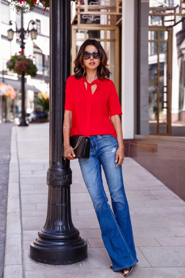 Red Shirt with Flared Jeans