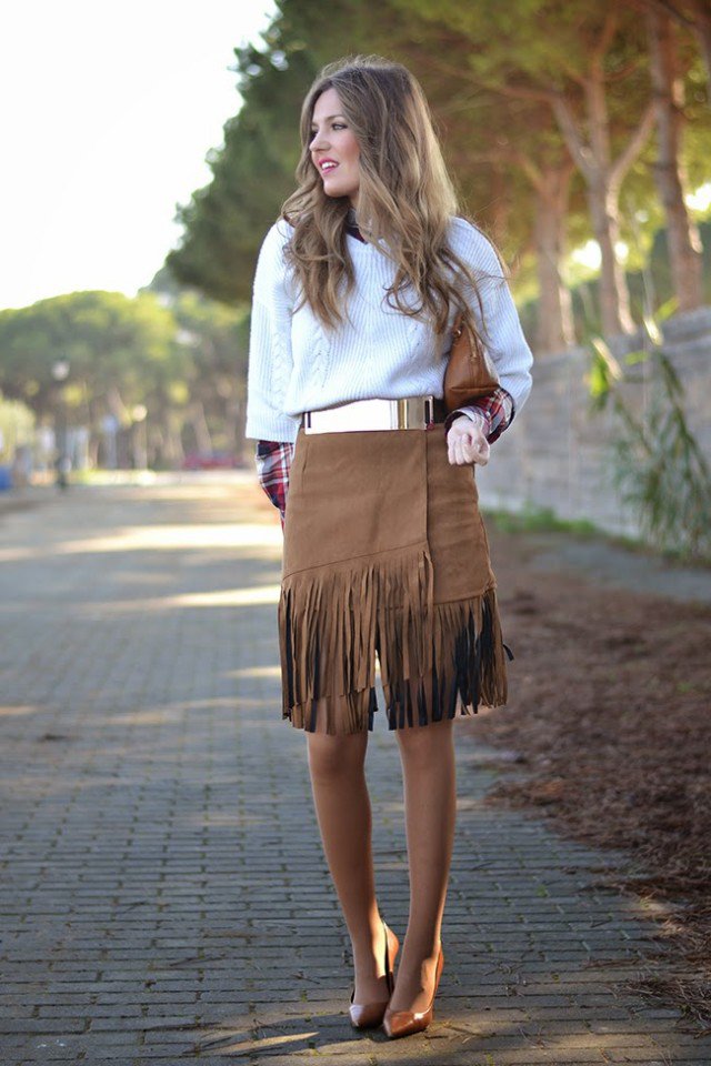Suede Fringe Skirt with Sweater