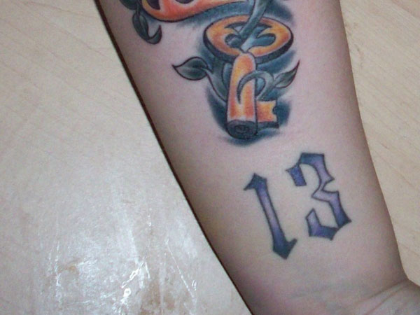 Golden Key Arm Tattoo with 13