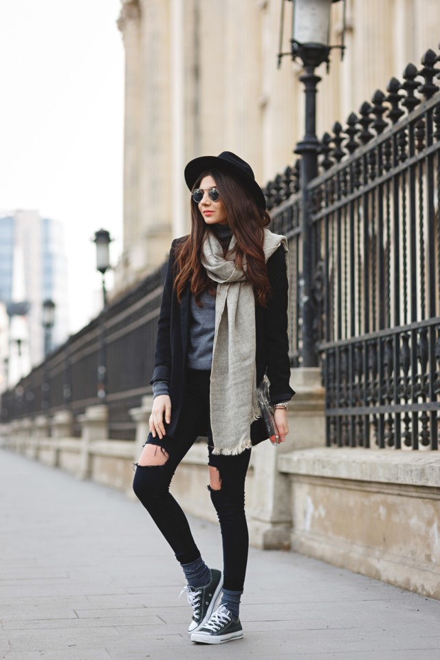 Black Coat and Ripped Jeans