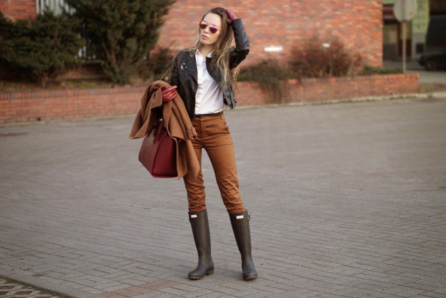 Black Rainy Boots with Leather Jacket