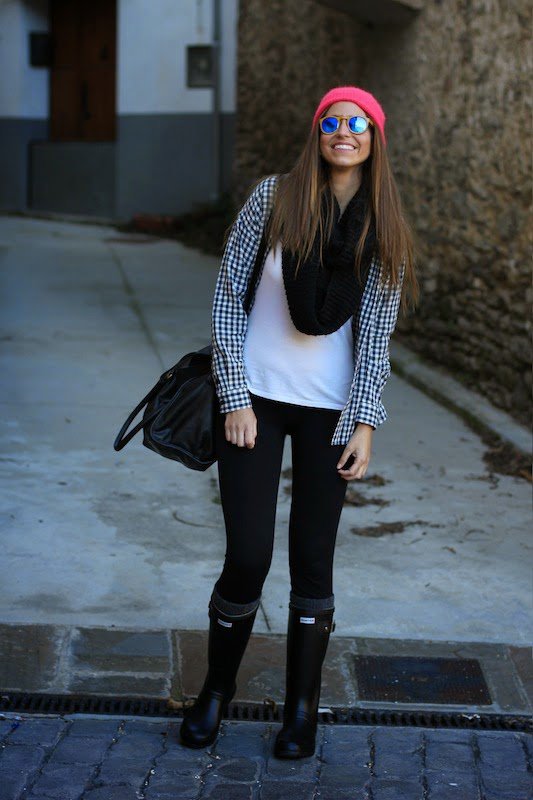 Black Rainy Boots with Plaid Shirt