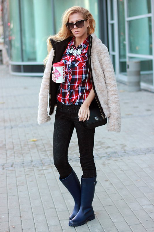 Black Rainy Boots with Tartan Shirt